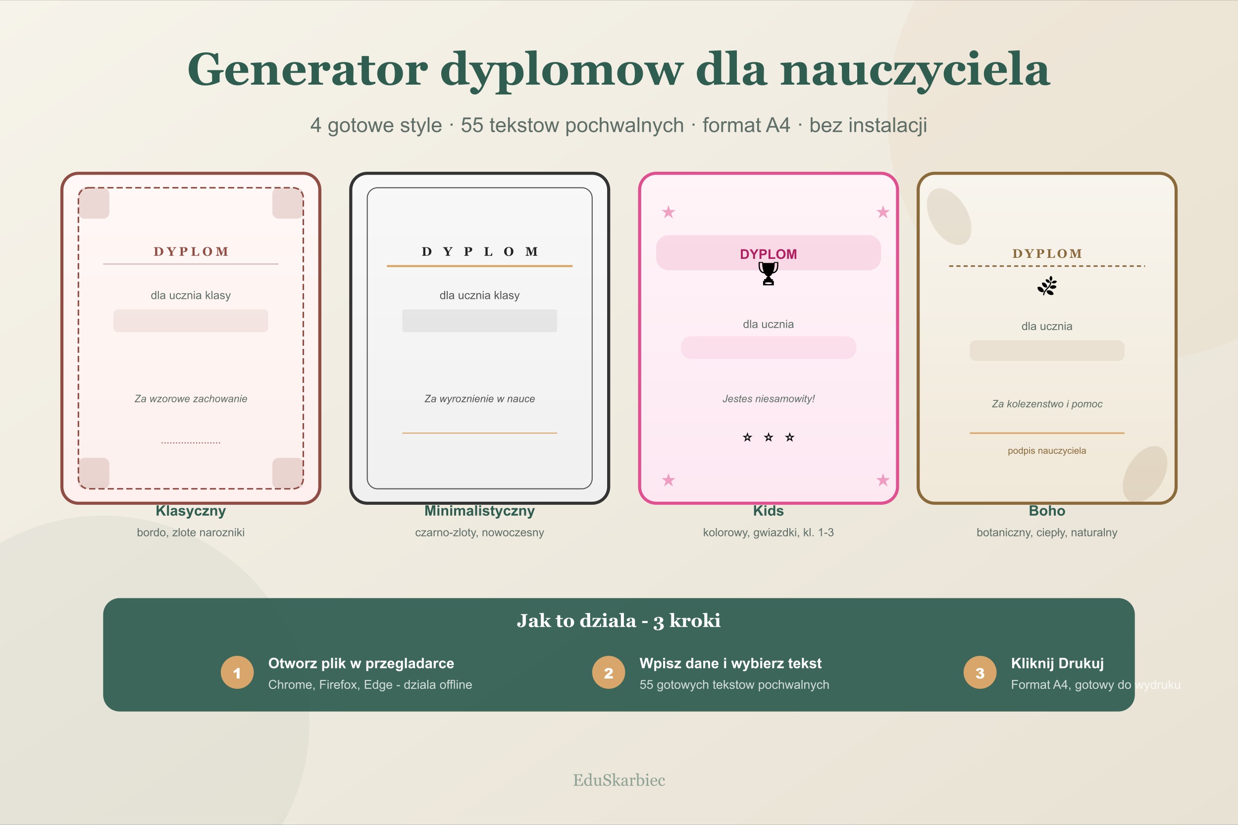 4 style dyplomów szkolnych do druku - generator w przeglądarce dla nauczyciela