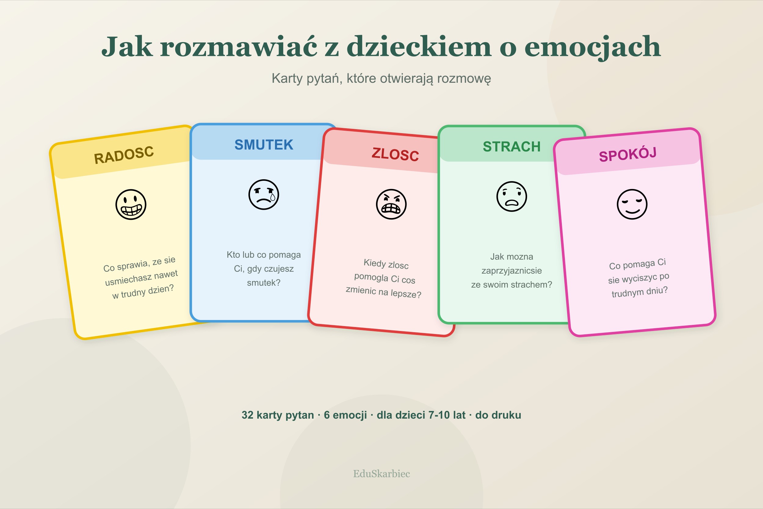 Kolorowe karty pytań o emocjach rozłożone na stole