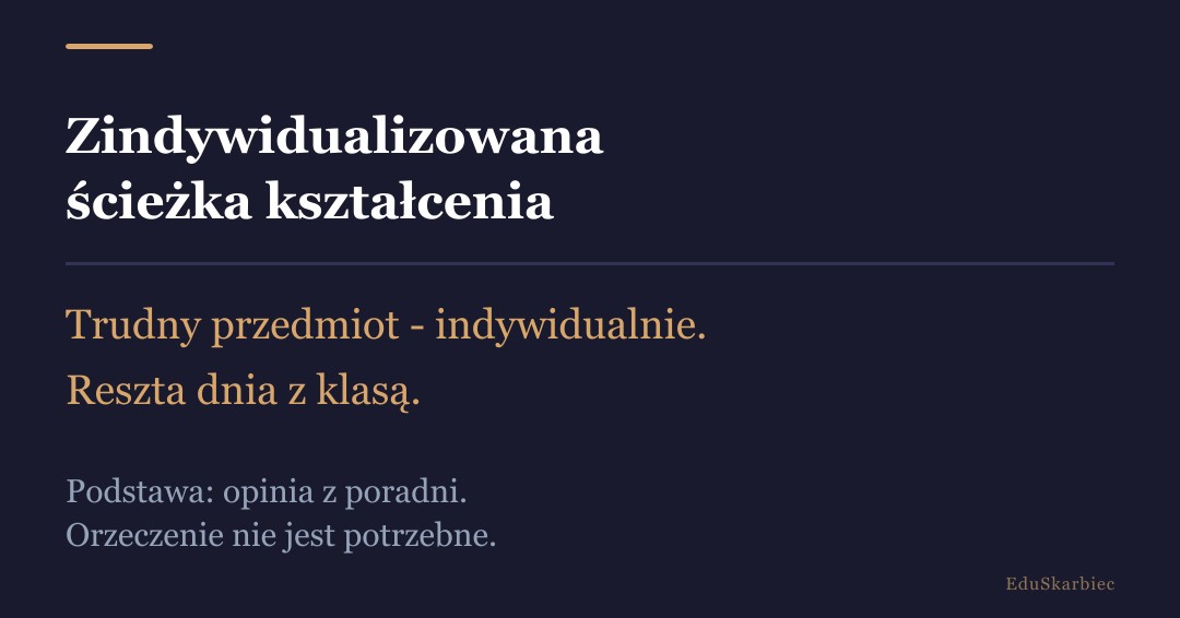 Zindywidualizowana ścieżka kształcenia - trudny przedmiot indywidualnie, reszta zajęć z klasą